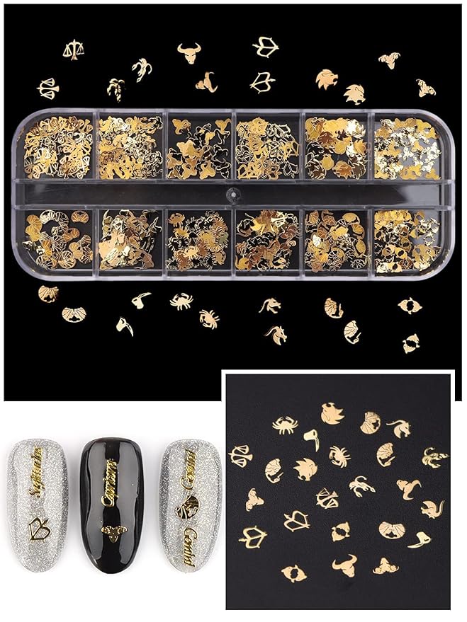 EBANKU 2 Boxes Zodiac Nail Charm, 3D Gold Twelve Constellation Charms for Nail Art, Alloy Nail Sequins Aquarius Nail Charms for Nail Art Decoration