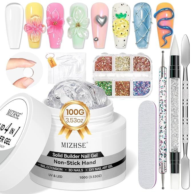 MIZHSE 100g Solid Builder Gel for Nails, Large Capacity Clear Hard Gel 3D Sculpting for Nail Art U V LED Builder Kit with 3D Silicone Pen, for Salon Home DIY