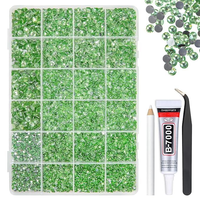 Light Green Crystal Resin Rhinestones w B7000 Glue for Bedazzling Crafting 2mm-6mm Flatback Stones Diamonds Crystals Gems Bedazzler Kit Charms for Nails Face Eyes Makeup Tumblers Bottles Crafts