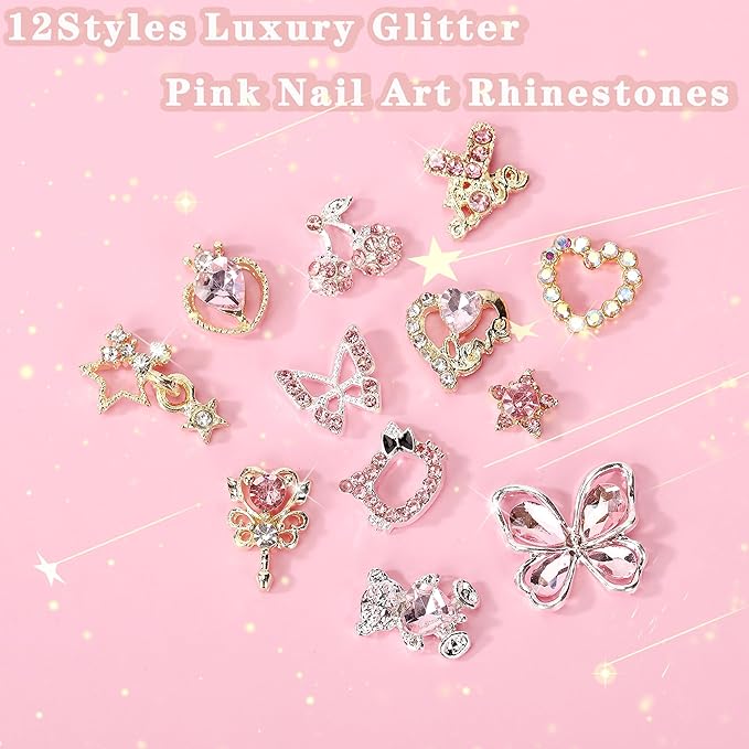 24PCS Pink Nail Charms Y2k Alloy Nail Art Rhinestone Charms 3D Heart Star Sailor Moon Nail Charms with Rhinestones Bear Cherry Nail Gems Shiny Jewelry Nail Decorations Supplies B