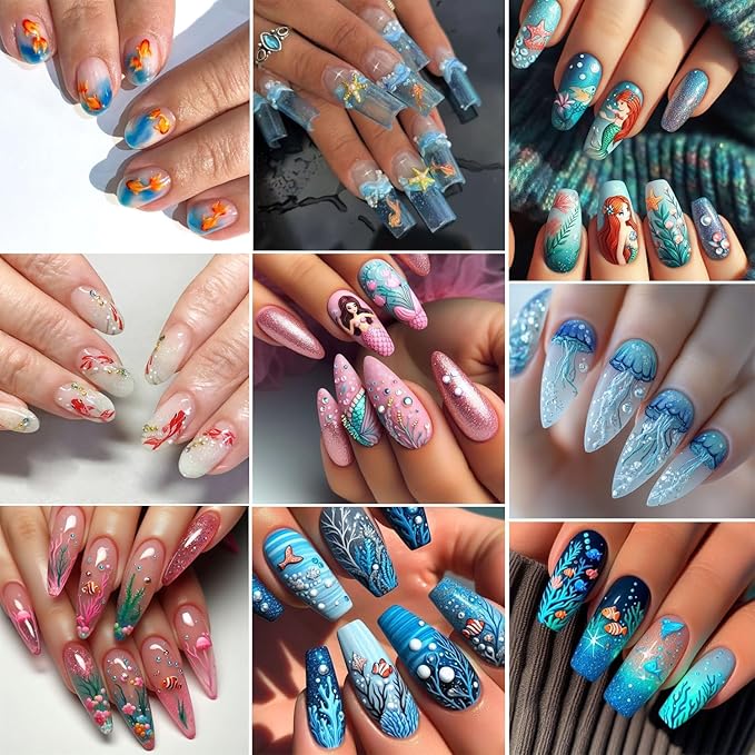 Marine Life Nail Art Stickers -3D Cute Mermaid Nail Decals Self Adhesive Small Whale Nail Stickers with Little Fish Jellyfish Designs Nail Decal Summer Nail Supplies for Women DIY Manicure Decoration