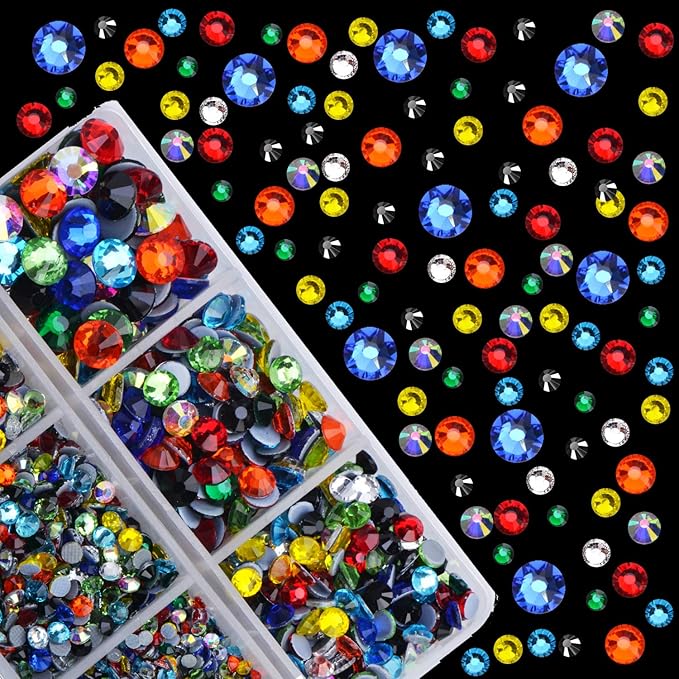 4000Pcs Mixed Size Hot Fix Round Crystals Gems Glass Stones Hotfix Flat Back Rhinestones (Multi Color)