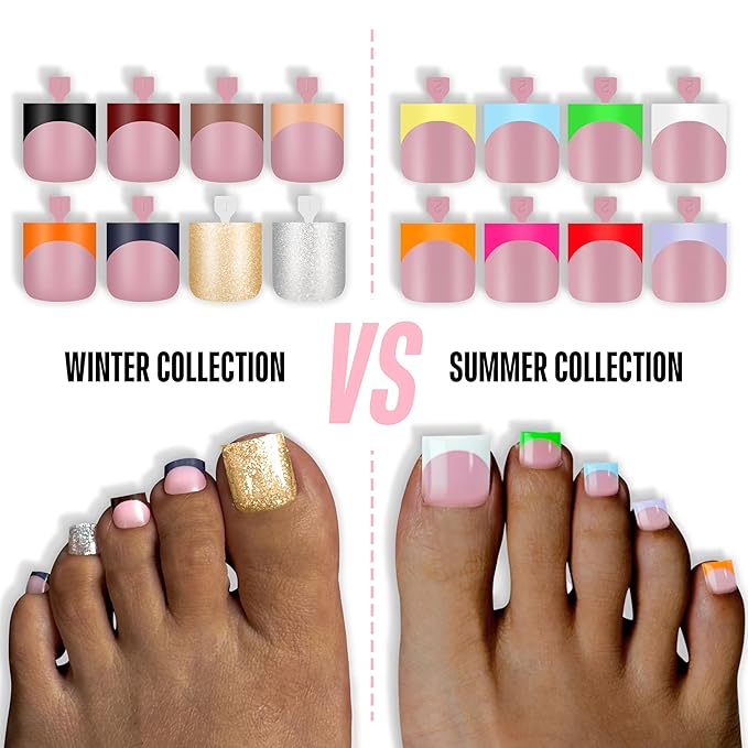 NOVO OVO Halloween Christmas Fall Autumn Colorful French Tip Toe Nail Tips Press on 8 MIXED WINTER COLOR, Sharp Square Toenail BERRY PINK Toenail Extension, Full Cover Acrylic DIY x 15 Sizes 240 pcs