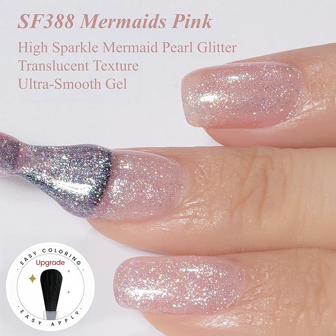 YTD Likomey Mermaid Glitter Nude Gel Nail Polish,15ml Pink Pearlescent Jelly Sheer Translucent Neutral Iridescent Colorful Shimmer Nails Art Manicure UV Nail Gel Varnish,LS388