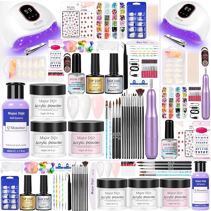Major Dijit Acrylic Nail Kit with Drill Clear White Pink Acrylic Powder Acrylic Liquid Top Coat Base Coat Nail Primer Set for Beginners with Everything DIY Nail Art Tool Gift Home Salon