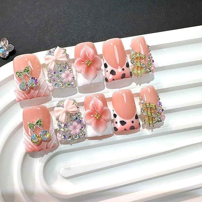 Handmade Press on Nails Short Duck Fake Nails French Tips False Nails with 3D Flower and Butterfly Design Nails Press Ons Luxury Cute Artificial Nail for Women Manicure 10Pcs (Size M)