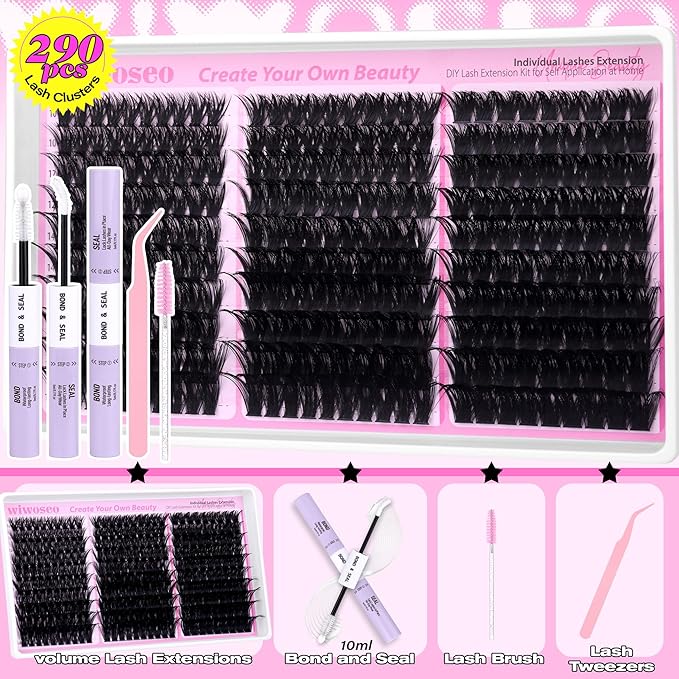 wiwoseo Fluffy Lash Clusters Kit Mink Lashes Clusters Kit Salon Like Eyelash Clusters Kit 80D+100D+120D Cluster Eyelash Extensions kit with Bond and Seal 10-18MM Full of Volume Individual Lashes Kit