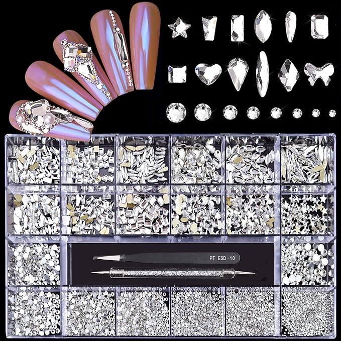 12 Types of 600 White Diamonds + 2500 Flat Rhinestones Mix 20 Styles Flatback DIY Crafts Rhinestone Crystals 3D Ornament‌s Flat Back Stones Set + Tweezers + Drill Pen