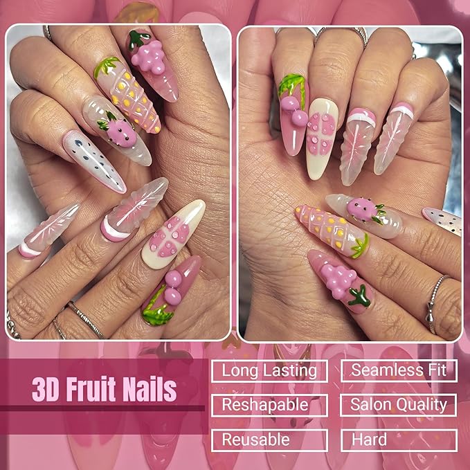Handmade Acrylic Press On Nails Almond, Long Almond Press On Nails 3D Design, 3D Fruit Strawberry Nails For Women Gift, Reusable Stick On Fake Nails Kit With Nail Glue(Strawberry Fruit Feast-M)