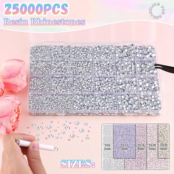 25000Pcs Silver Clear Rhinestones for Bedazzling with B7000 Jewelry Glue, Non Hotfix Flatback Gems, Crystal Resin Rhinestones for Crafting Crafts Clothing Tumblers Mugs Shoes Fabric Decor Nail Art