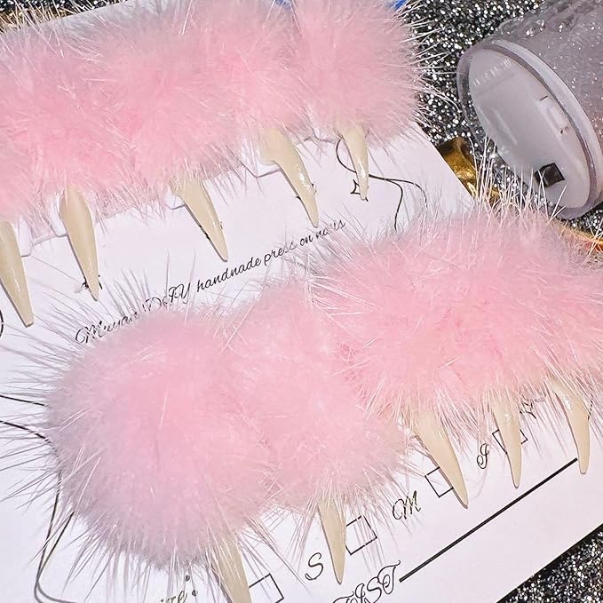 Halloween Press on Nails Luxury Medium Stiletto Handmade Eagle Claw Unique Reusable ABS Material Curved Fake Nails Dragon Cat Claw False Nails with Pink Fur Glossy Glue on Nail Thick Acrylic Nail(S)