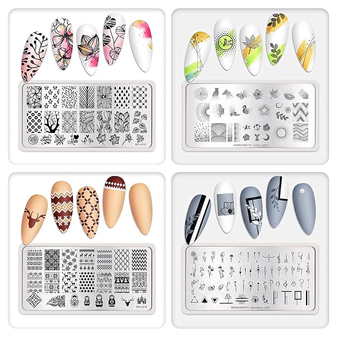 Born Pretty Nail Stamping Plates Set Plaid Flowers Leaves Lace Nail Art Image Plates Spring into Winter Stamp Templates Kit Image Manicuring DIY Printing Tools 8PCS