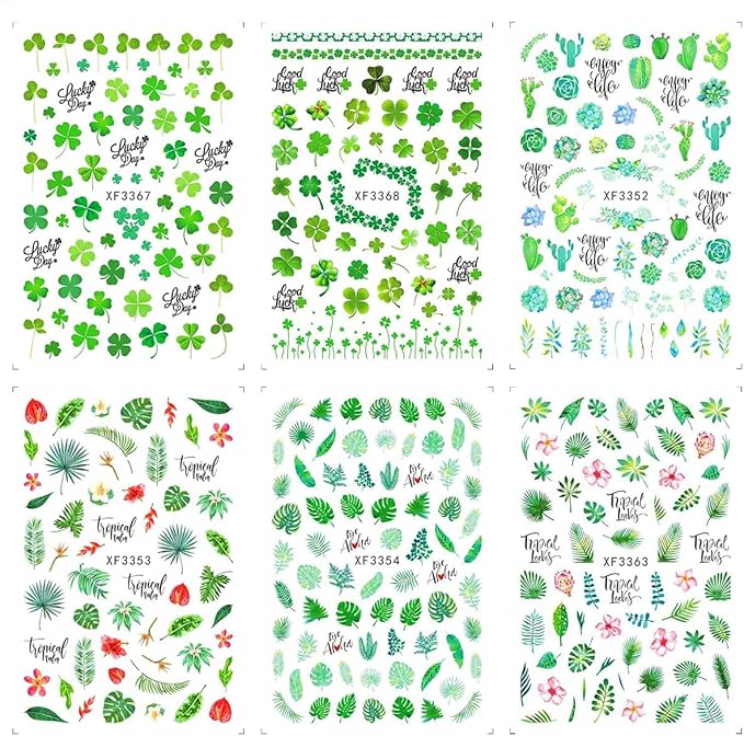 12 Sheets Summer Leaf Nail Art Stickers 3D Self-Adhesive Nail Decals Nail Art Supplies Palm Leaves Clover Nail Design for Women Manicure Nail Decorations Accessories