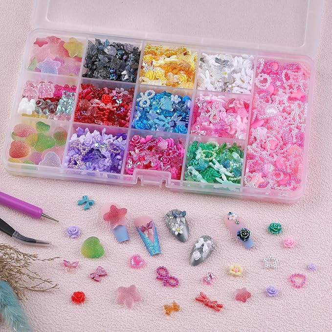 3D Nail Charms Set 9 Colors Flower Butterfly Bow Rabbit Nail Gems Big Bear and Heart Nail Jewels Pearls for Nail Art, Craft and Decoration with Tweezer and Brush