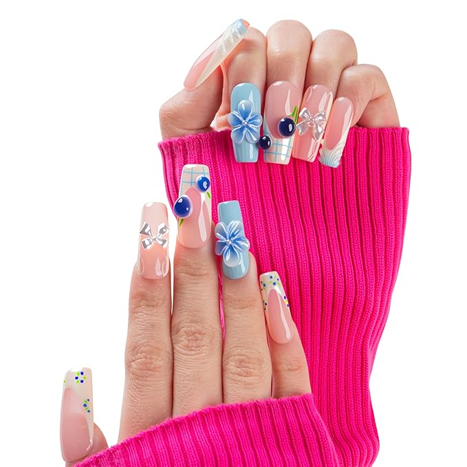 LOVFUL Short French Tip Press on Nails Blueberry Bloom | Handmade Acrylic Press ons| Reusable Fake False Nails | Square Classic Regular 1.3in | H736-M