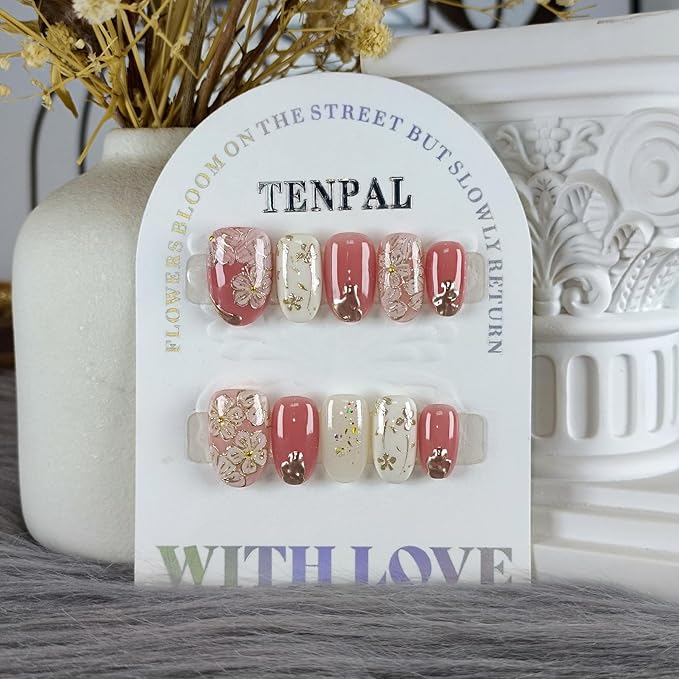 Short Oval Press on Nails,Peach Yogurt Base Glue on Nails,Hand-Painted Cloisonné Florals False Nails Press ons,Artisan Chinese Style Fake Nails Kit,Enamel Wire Inlay Nail Art Tools 10pcs(S)