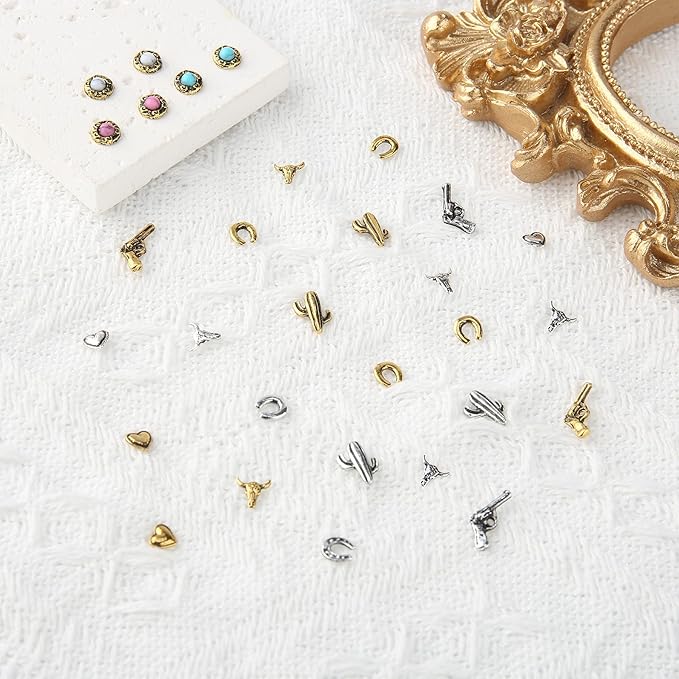 30 PCS Western Nail Charms - Retro Metal Cowboy Cowgirl Turquoise Nail Charms Western Stickers Decals Gems Decor, Vintage Turquoise Jewelry for DIY Crafts Art Accessories