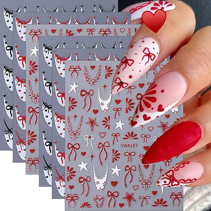 6Sheets French Tip Nail Art Stickers 3D Self Adhesive Valentines Nail Decals French Bow Nail Stickers Star Flower Bow Nail Design Heart Nail Supplies Decorations for Women Valentines Manicure