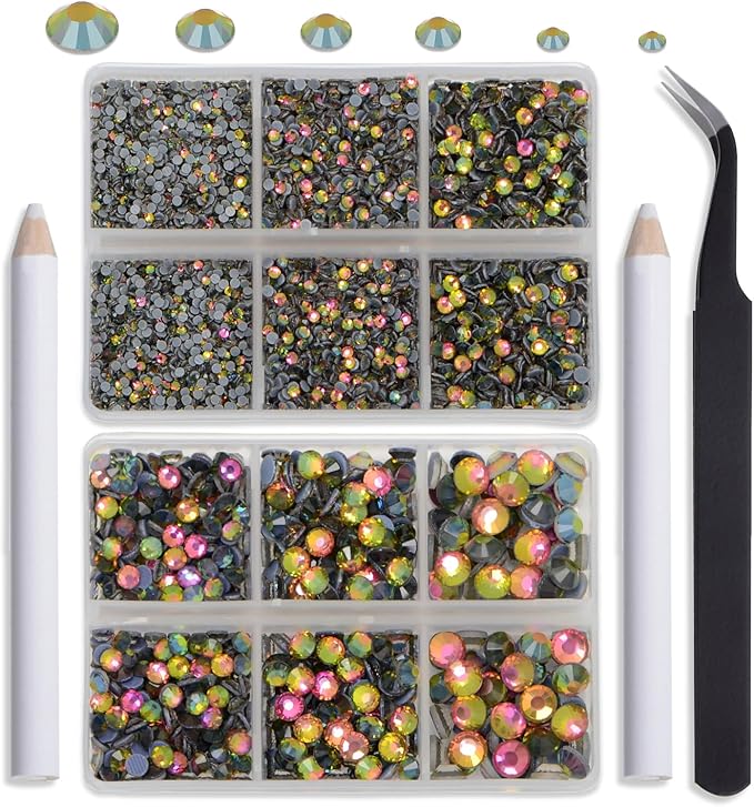 NCB Hotfix Iron on 8000pcs Crystal Rhinestones Round Gem for Crafts Decoration DIY Jewelry Making with a Tweezers and 2 Picking pens (Vitrail Medium, 6Sizes SS4-SS30)