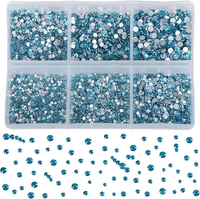 Bymitel 7200 Pieces 6 Mixed Sizes Glue Fix on Glass Rhinestones Round Crystal Gems Flatback for DIY Jewelry Making with one Picking Pen(6-Sizes 7200PCS, Aquamarine)