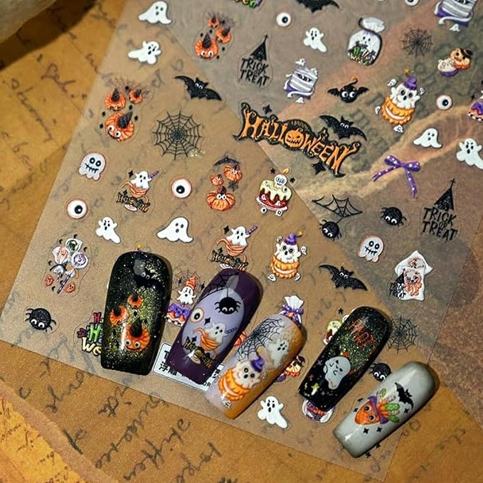 Halloween Nail Stickers 3D Self Adhesive Cute Ghost Nail Art Stickers 5D Embossed Spider Nail Decals Spider Web Nail Art Supplies Bat Holiday Nail Design for Women Girls 1 Sheets