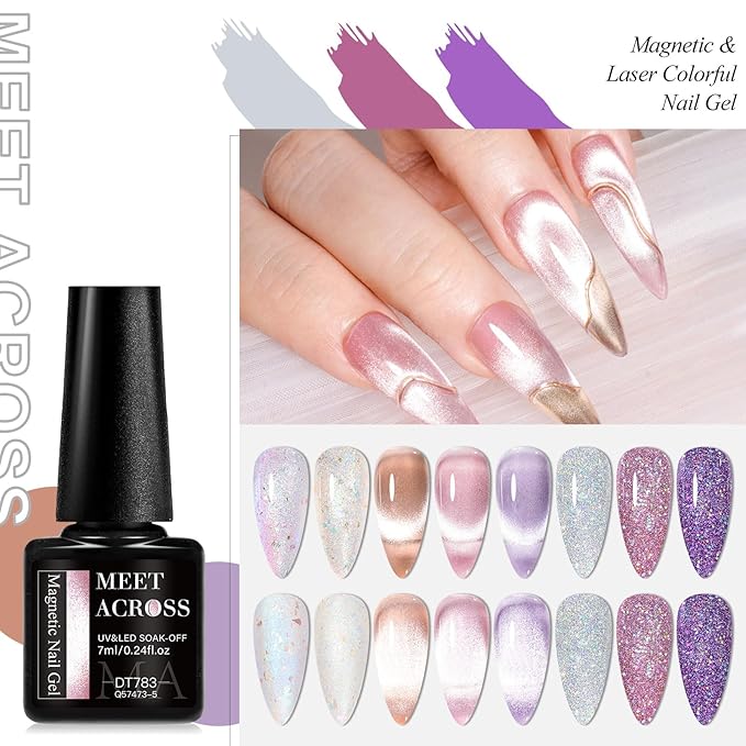 MEET ACROSS 8pcs Gel Nail Polish Set, UV LED Lamp, Nail Art Kit (7ml Cat Eye Glitter Gel Polish)