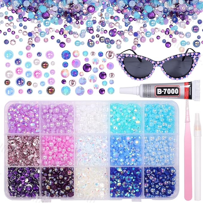 15 Grids Pearls and Resin Rhinestones for Crafting, Purple Blue White Bedazzling Gems Kit, Jelly Resin Rhinestones for Nails Face Eyes Makeup Crafts Tumblers Bottles