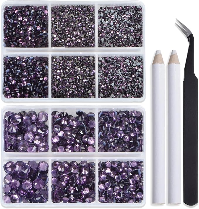 Bymitel Hotfix Crystal Rhinestones Round Gems for Crafts,Mixed 6 Sizes with Wax Pencil Kit, Tazanite 1.6-6.3mm SS4-SS30/8000pcs