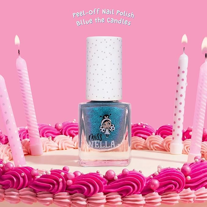 MISS NELLA PARTY COLLECTION 3-3 peel off, odour free, water base glitter nail polishes Pack- Blue The Candles (blue), Confetti Clouds (clear) & Marshmallow Overloud (coral)