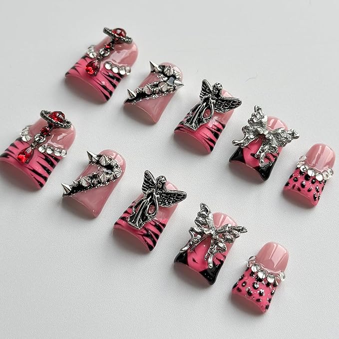 Luxury Press on Nails Short Duck Handmade 3D Unique Reusable ABS Material Fake Nails Pink French Tip False Nails with Designs Butterfly Rhinestones Rivet Glossy Glue on Nail Thick Acrylic Nail(M)