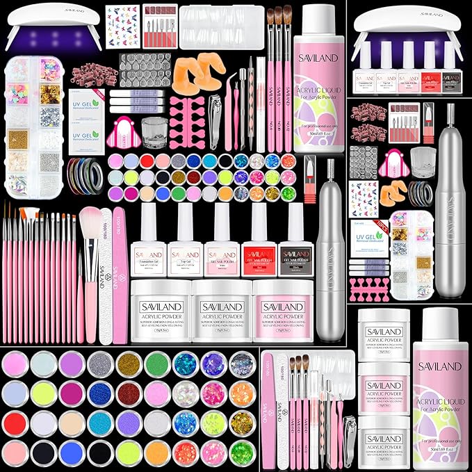 SAVILAND Acrylic Nail Kit with Drill: Professional Acrylic Nail Set for Beginners with Everything U V Light 3 Colors Gel Polish Decorations Nails Tools for Home Salon Use Christmas Gift Set