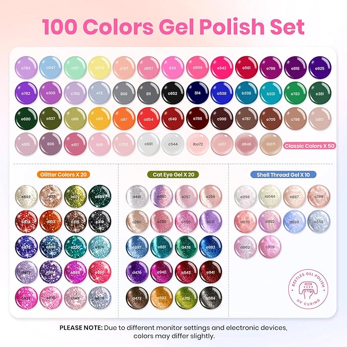 Beetles 119 PCS Gel Nail Polish Set - 100 Colors Spring Nail Polish Kit Cat Eye Pink Blue Jelly Glitter Pearl Gel Polish & 5Pcs Base Top Coat Soak off UV Manicure Nail Art Home Easter Gifts for Women