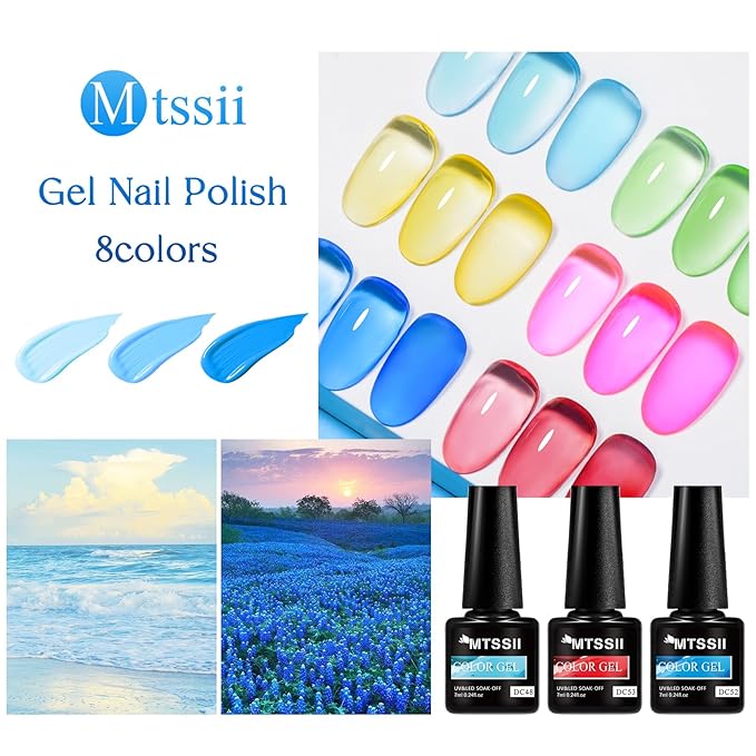 MTSSII Neon Jelly Gel Nail Polish Set 8 Pcs Clear Crytal Glass Gel Polish Yellow Blue Green Red Pink Transparent Sheer Nail Art Varnish Manicure LED UV Curing Required Iridescent Colors