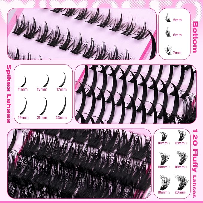 wiwoseo Spikes Lash Clusters with Bottom Lash Clusters Mega Volume Individual Lashes Cluster Eyelash Extensions Wispy Eyelash Clusters Lash Spikes Manga Cluster Lashes with Spikes (120D, 5-21MM)