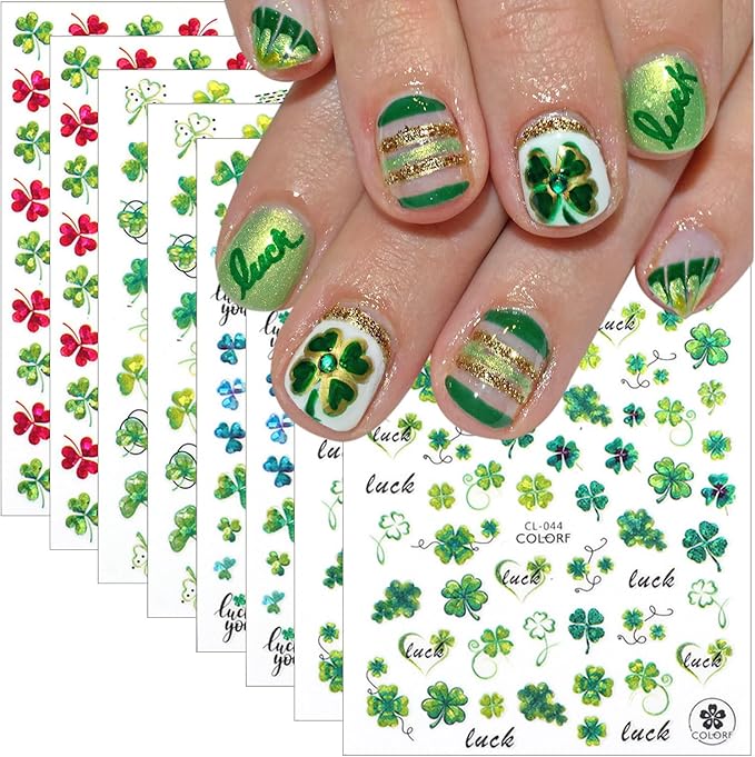 St. Patrick's Day Nail Stickers for Nail Art 3D Spring Shamrock Nail Art Stickers Self Adhesive Holographic Four Leaf Clover Nail Decals Irish St. Patrick's Day Design Stickers Supplies for Women 8Pcs