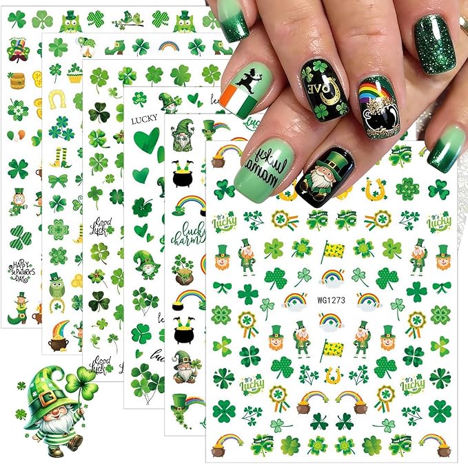 6 Sheets St. Patrick's Day Nail Art Stickers 3D Self Adhesive Green Shamrock Nails Stickers Rainbow Golden Jar Coin Design Irish Nail Decals Nails Art Supply for St. Patricks Day Manicure Decoration