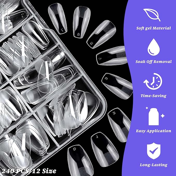 240pc Coffin Gel Nail Tips Short Fake Nails Clear Press ons Nail, Extra Short Coffin Nails Tips Acrylic Nails Extension Soft Gel Nails Tip Full Cover XS False Nail Clear Artficial Fingernails