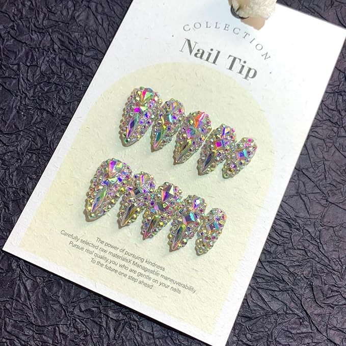 Handmade Press on Nails Luxury Reusable Fake Nails Medium Almond Stick on Nail Full 3D Colorful Diamonds Rhinestone Art Design Thicked Unique Acrylic Nail Manicure Kit for Women (S)