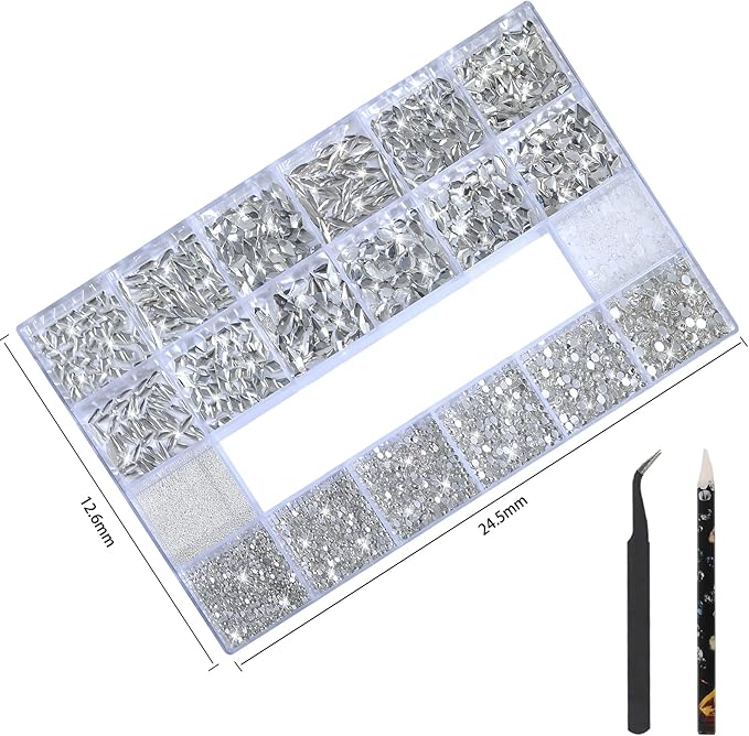 HNUIX White Nail Rhinestones - 3D Multiple Shape Size Gems, Manicure Beads, Pearls, Flatback Crystals Rhinestones, with Kit, for Nail Art Decor