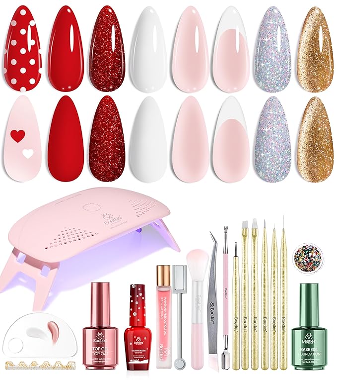 Beetles 27Pcs Gel Nail Polish Kit with U V Light -6 Colors Valentine Gel Nail Polish Set Red Jelly Cat Eye Glitter Gold Merry Glitz Set Soak Off Home Salon DIY Manicure Set Gifts for Women Teen Girls