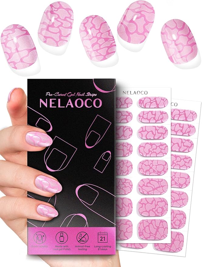 Nail Polish Strips – 32PCS UV Free Salon Quality Wraps, Long Lasting Gel Nail Stickers for Women (Pink Marble)