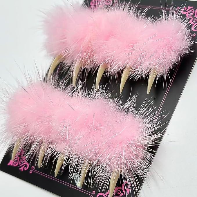 Halloween Press on Nails Luxury Medium Stiletto Handmade Eagle Claw Unique Reusable ABS Material Curved Fake Nails Dragon Cat Claw False Nails with Pink Fur Glossy Glue on Nail Thick Acrylic Nail(M)