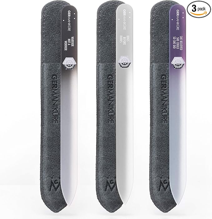 GERMANIKURE Czech Crystal Glass Nail File 3 Pack in Suede Sleeves - Professional Manicure & Pedicure Products for Smooth Easy Shaping of Natural Nails - Ideal Nail Care Gift