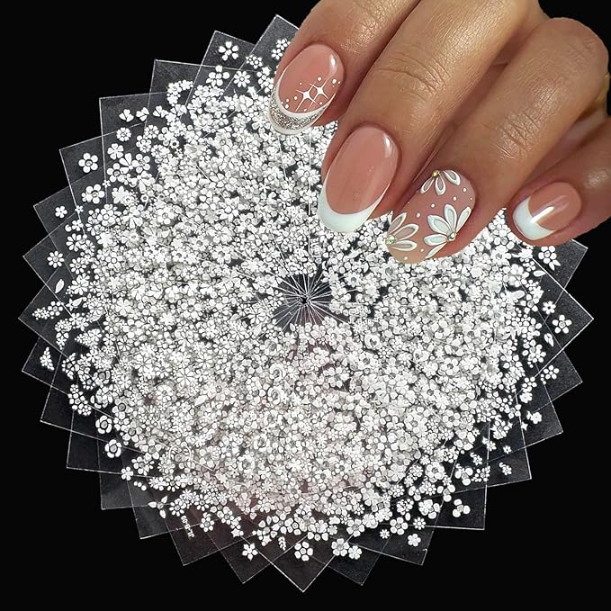 30 Sheets White Flower Nail Art Stickers 3D Self Adhesive Floral Nail Decals Flower with Rhinestones Nail Art Supplies White Flower Nail Stickers for Women Girls Manicure Decoration