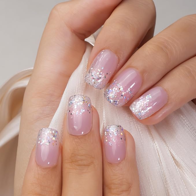Curvlife Soft Gel Square Press on Nails Short, Shining French Nail Tips, 30pcs Full Cover Design Reusable Fake Nails Kit with Glue and Adhesive Tabs