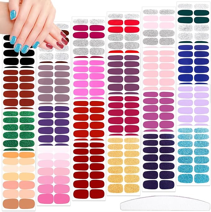 JERCLITY 336-Piece Set: 24 Sheets Glitter Nail Polish Strips - Self-Adhesive, Colorful Nail Wraps & Stickers for Short Nails