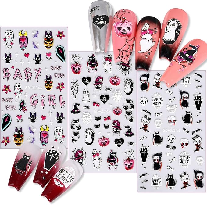 5D Self-Adhesive Nail Stickers for Halloween Nail Decals: DIY Nail Art Design with Bat, Ghost, Pumpkin, Spider Web, Witch, Skull, Bones, etc. Ideal for Halloween Party Supplies for Women (Pink)