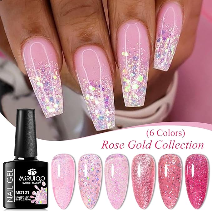 6Pcs Pink Glitter Gel Nail Polish Set Hot Pink Tones Sparkle Gel Polish Bright Pink Nail Polish Gel Suitable for Girls Women Manicure Lovers