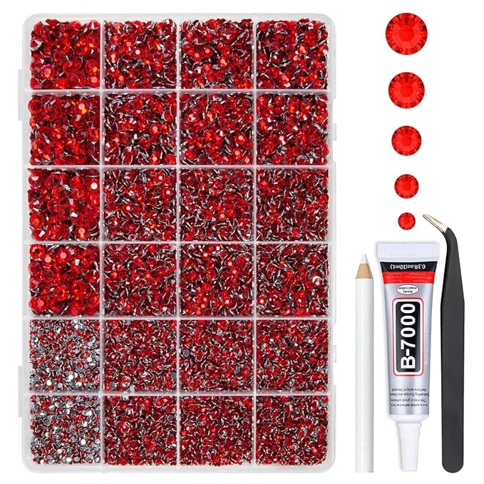 Red Crystal Resin Rhinestones w B7000 Jewelry Glue for Bedazzling Crafting 2mm-6mm Flatback Stones Ruby Diamonds Crystals Gems Bedazzler Kit for Nails Face Eyes Makeup Tumblers Bottles Crafts