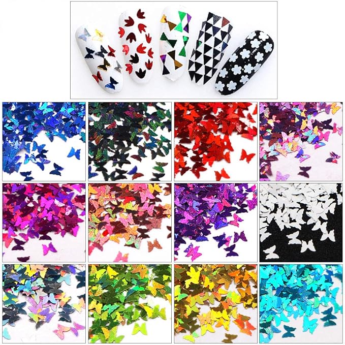 DIY 12pcs Color Set Nail Sequins Laser Butterfly Shape Glitter Flakes Manicure Art Decoration Accessories Tools LB-Butterfly